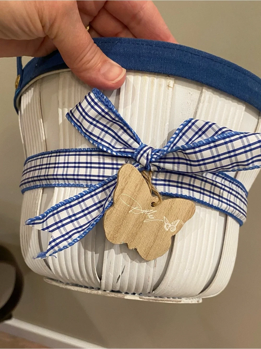 Dolly Parton White Basket with Blue Trim and Plaid Bow